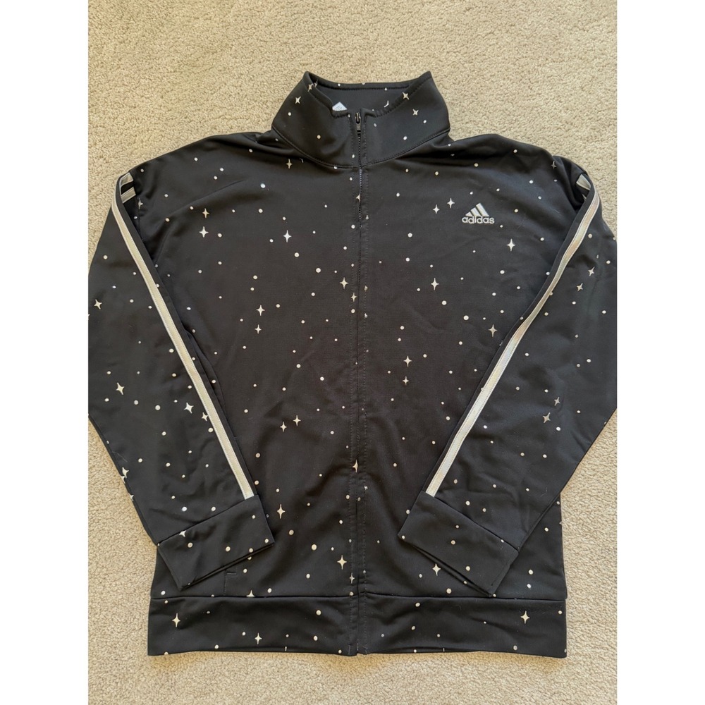 Adidas Kids Girls Black Star Print Track Jacket Iridescent Stripes Size L 14